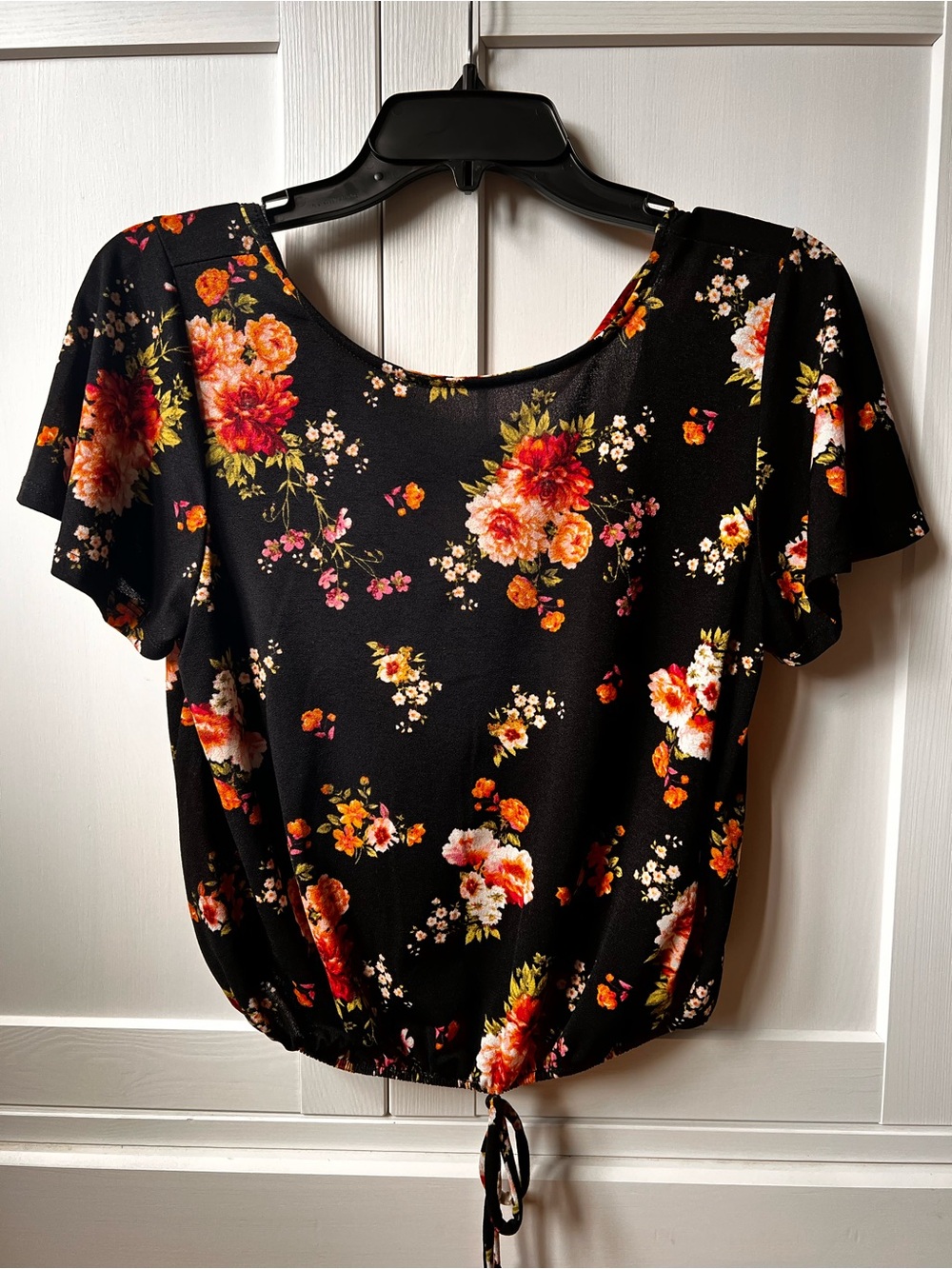 Rewind Black Floral Tie-Waist Blouse with Orange & Pink Blooms